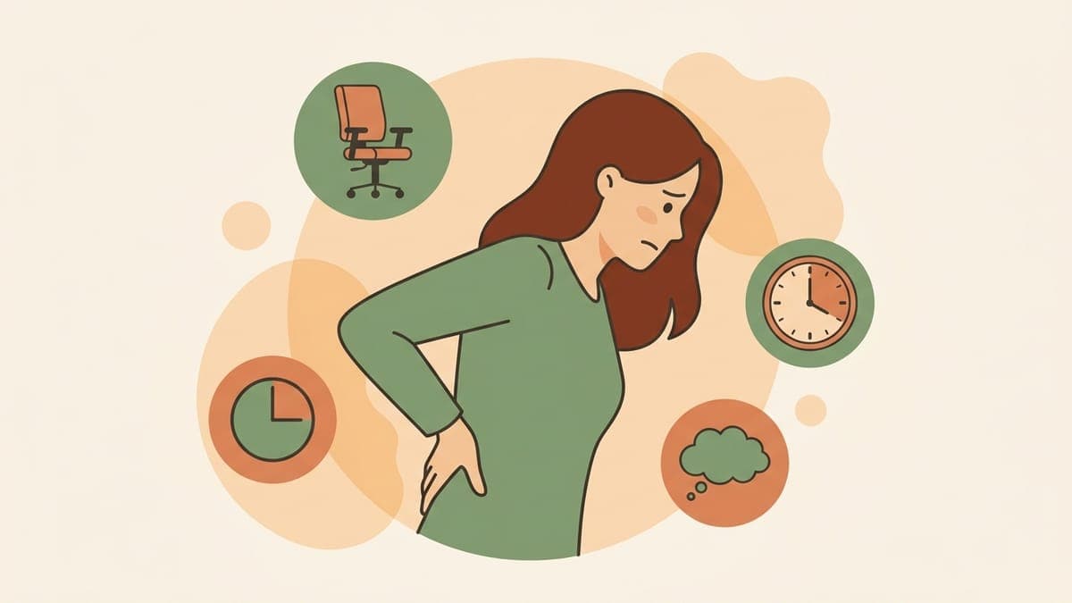 Une femme de profil se tient le bas du dos, entourée de petites icônes évoquant les causes du mal de dos, chaise de bureau, horloge et stress.